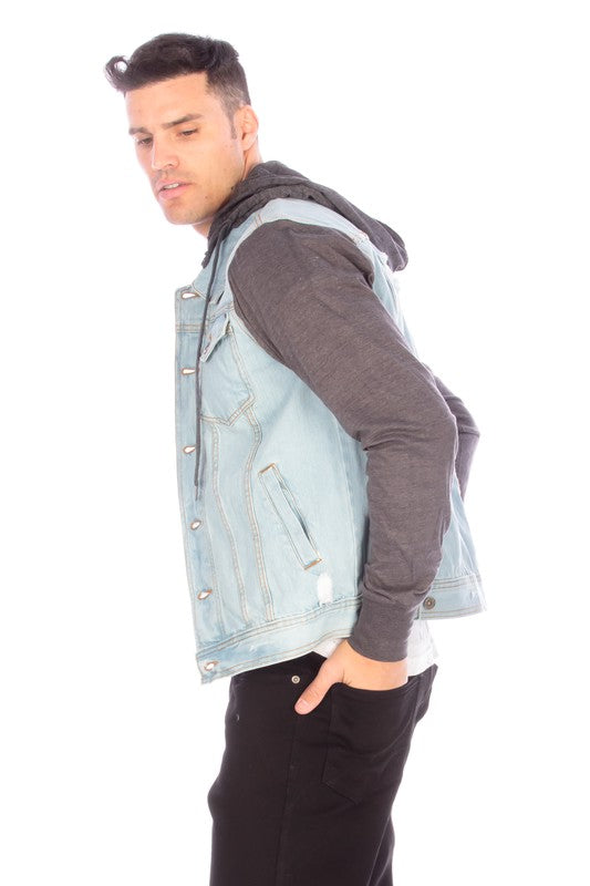 DENIM JACKET WITH HOOD - LIGHT   BLUE