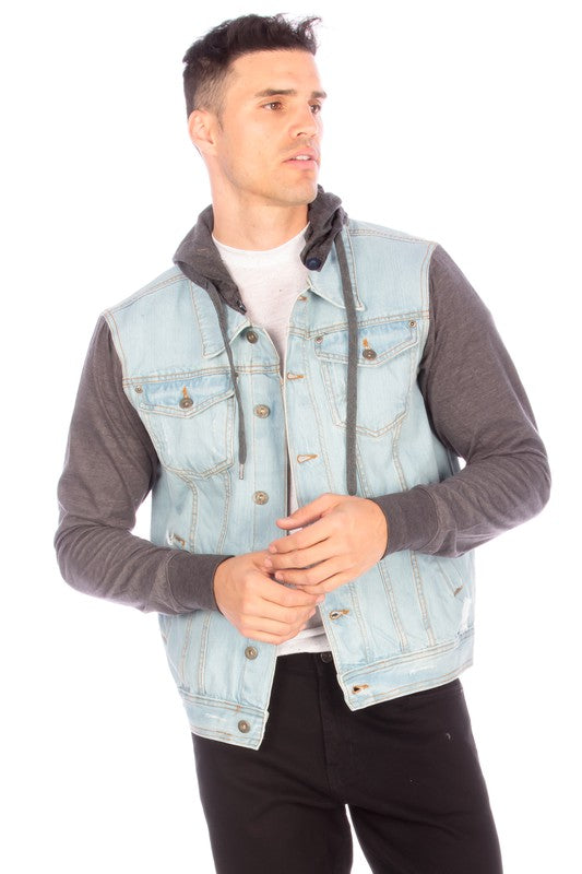 DENIM JACKET WITH HOOD - LIGHT   BLUE