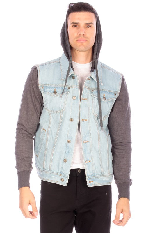 DENIM JACKET WITH HOOD - LIGHT   BLUE