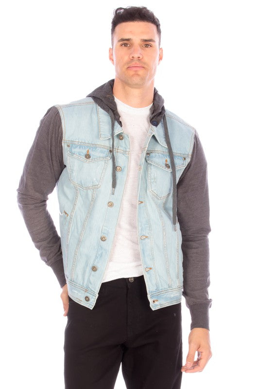 DENIM JACKET WITH HOOD - LIGHT   BLUE