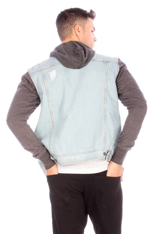 DENIM JACKET WITH HOOD - LIGHT   BLUE