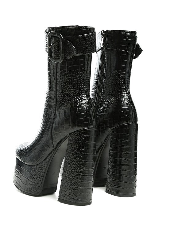 Bumpy Croc High Block Heeled Chunky Ankle Boots