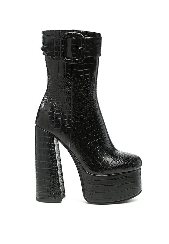 Bumpy Croc High Block Heeled Chunky Ankle Boots