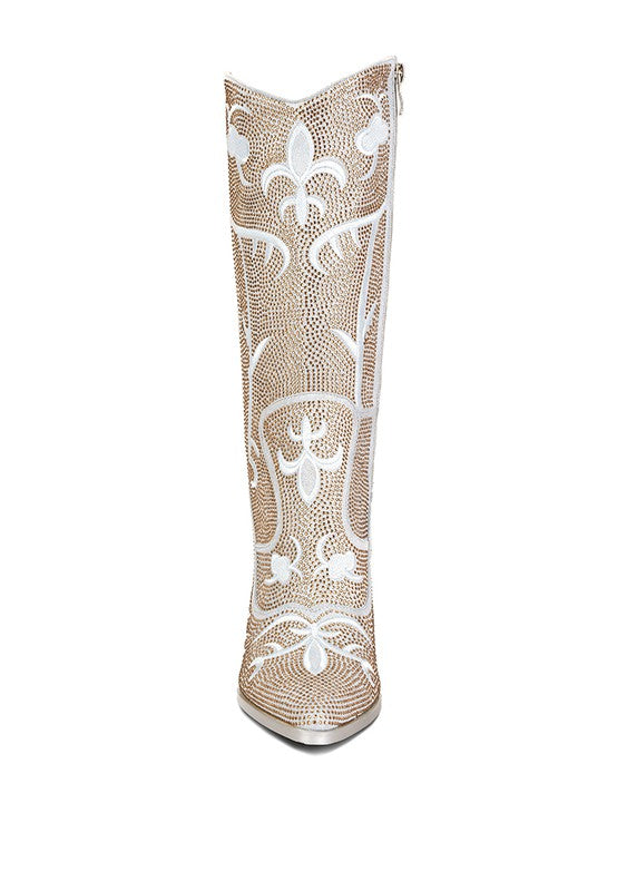 Glimmer Rhinestones Embellished Shimmer Calf Boots