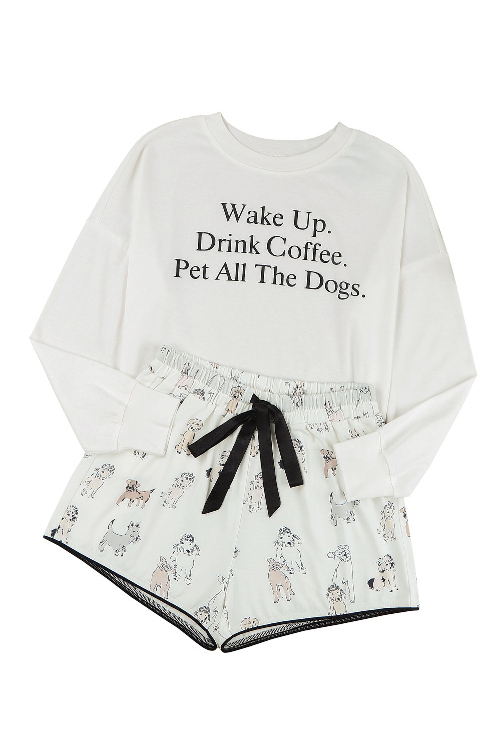 White Long Sleeve Letters Pullover and DOGS Shorts Lounge Set