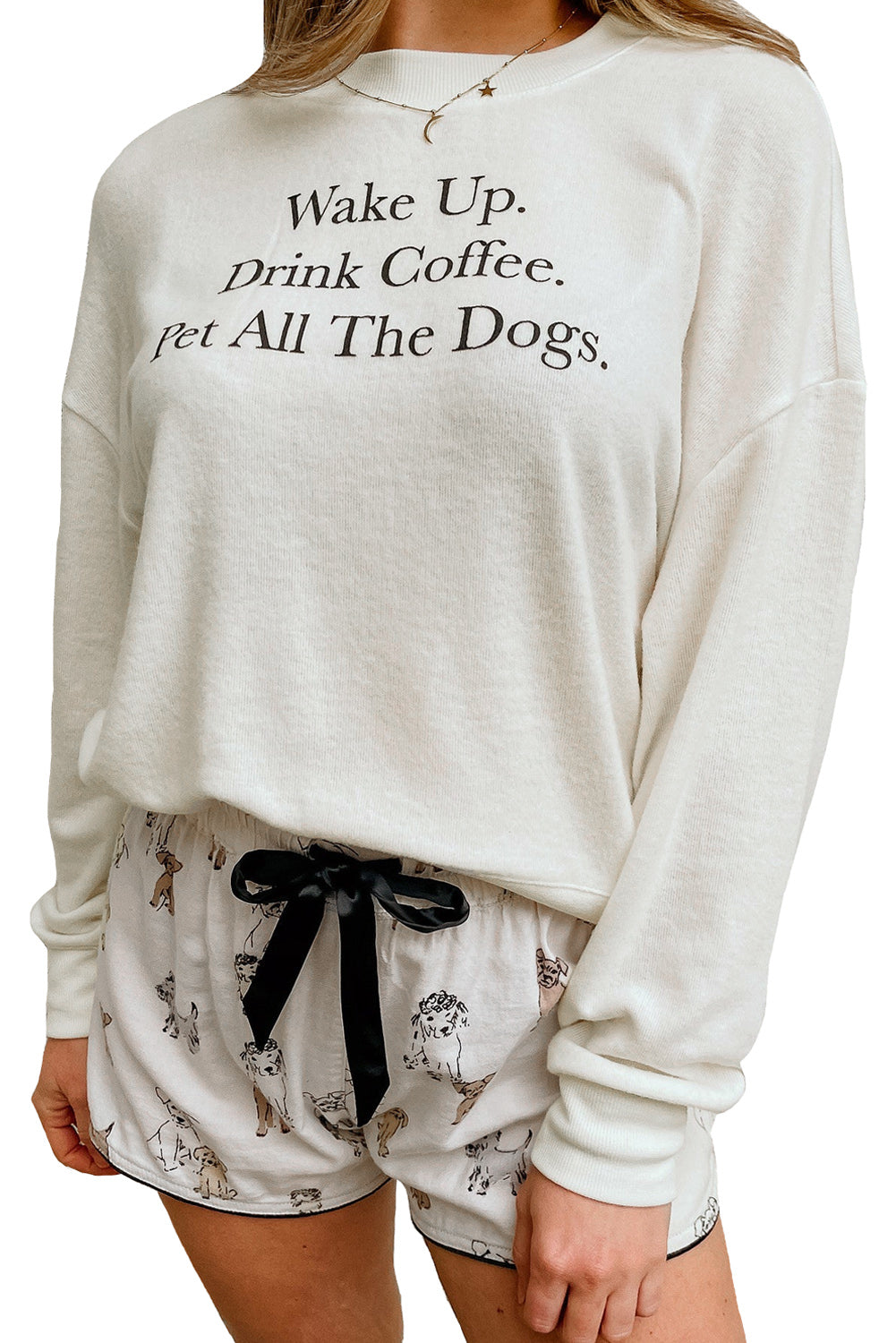 White Long Sleeve Letters Pullover and DOGS Shorts Lounge Set