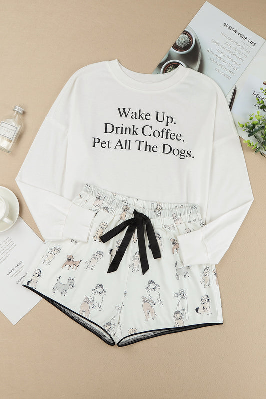 White Long Sleeve Letters Pullover and DOGS Shorts Lounge Set