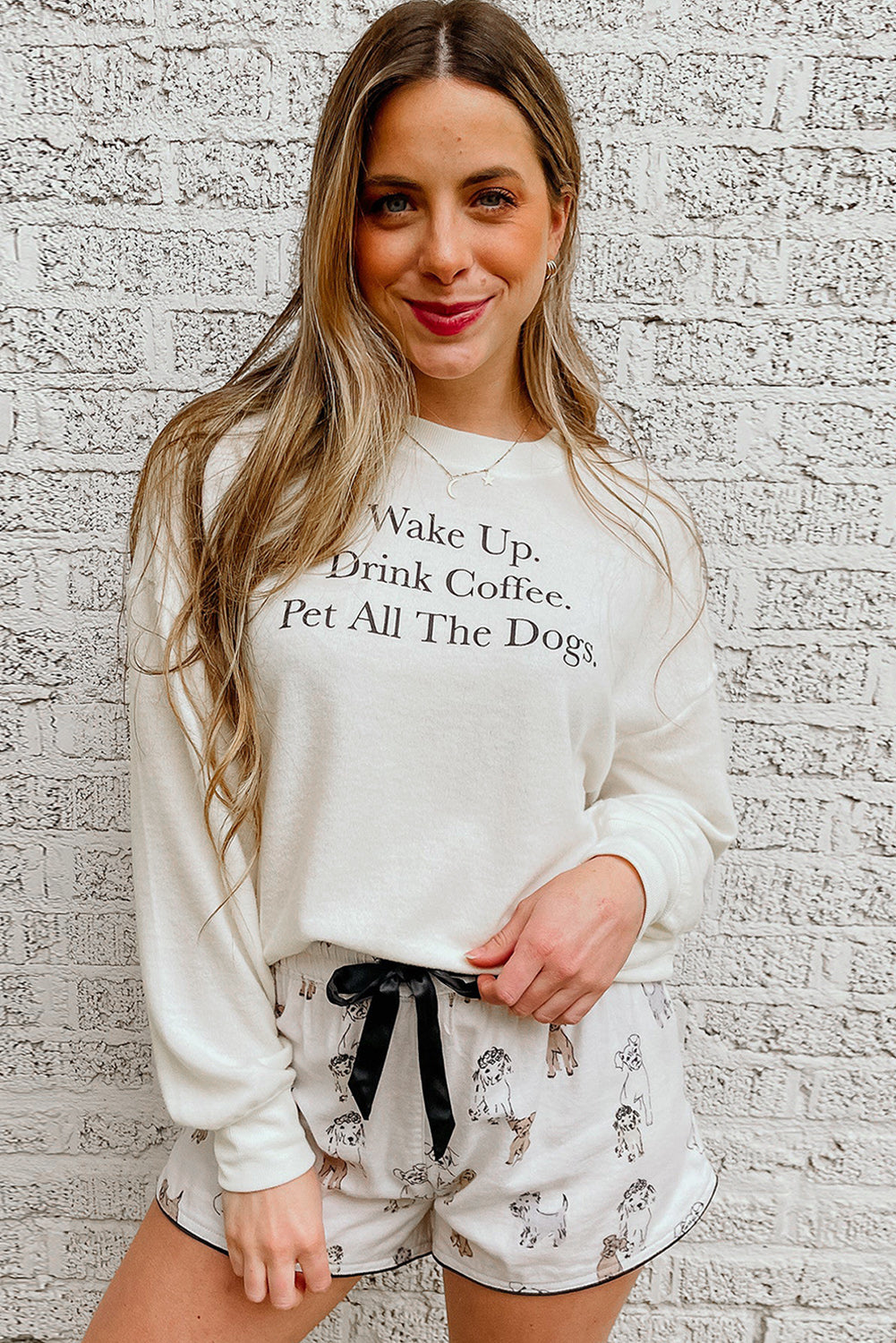 White Long Sleeve Letters Pullover and DOGS Shorts Lounge Set