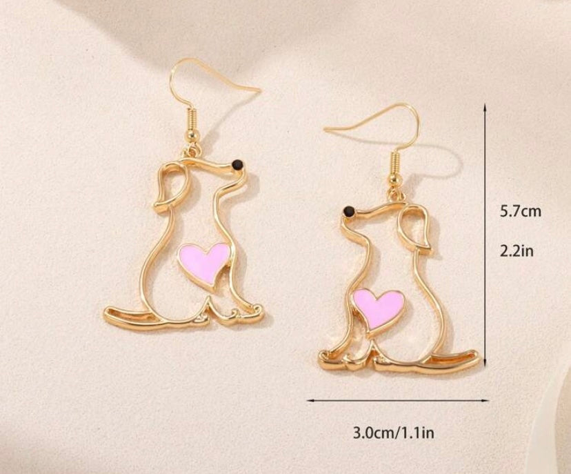 Yellow Gold Pink Heart Dog Earrings