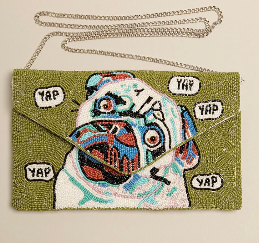 Green beaded Pug evening bag