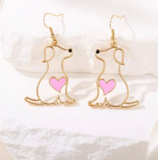 Yellow Gold Pink Heart Dog Earrings