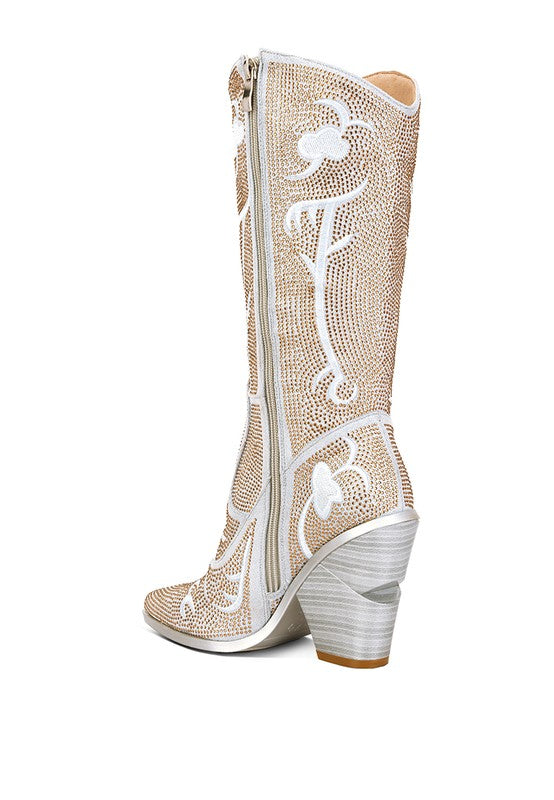 Glimmer Rhinestones Embellished Shimmer Calf Boots