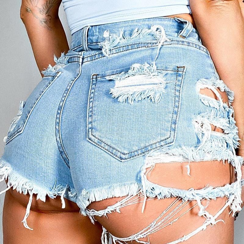 Asymmetrical Distressed Denim Shorts - Tatiana Vivid