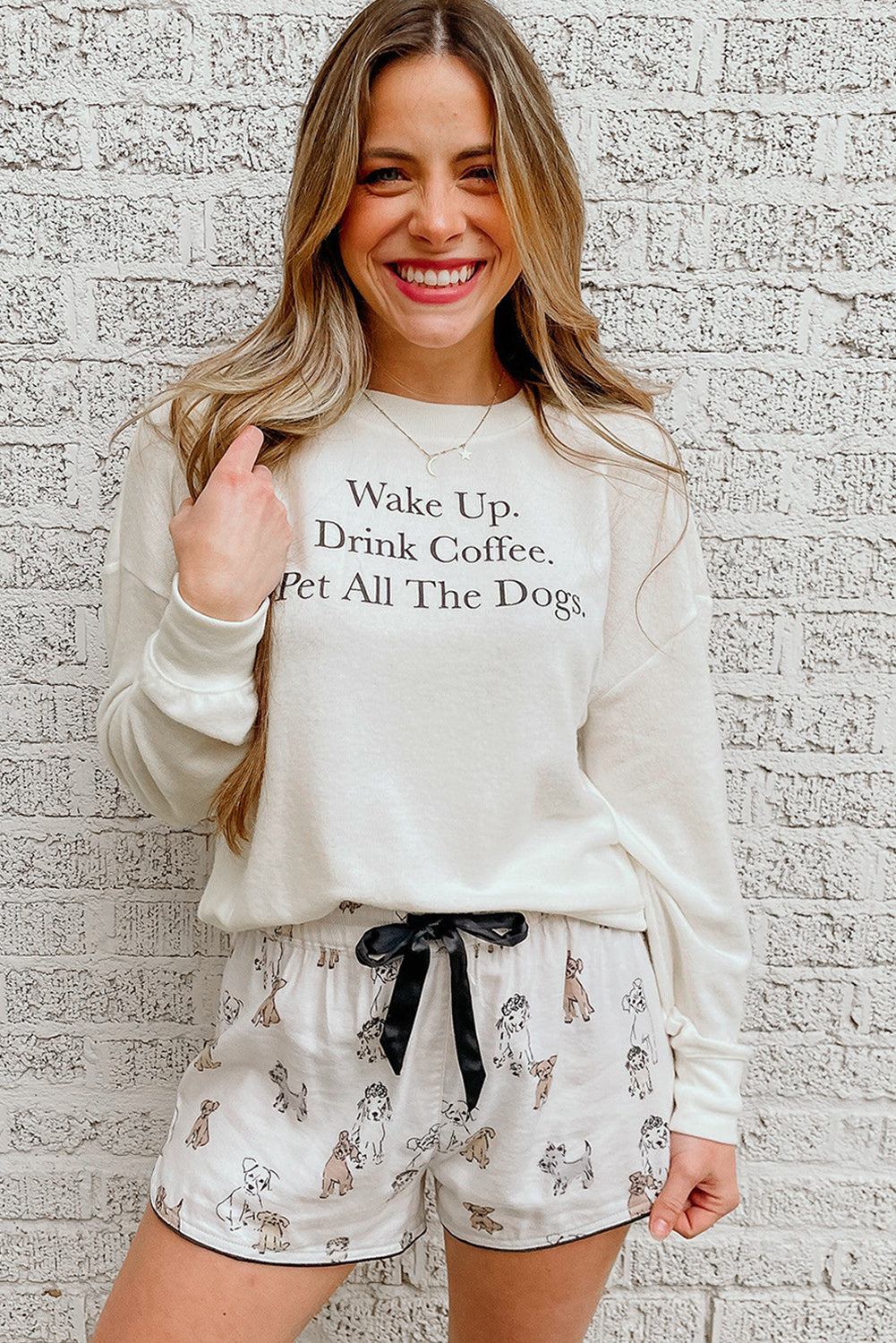 White Long Sleeve Letters Pullover and DOGS Shorts Lounge Set