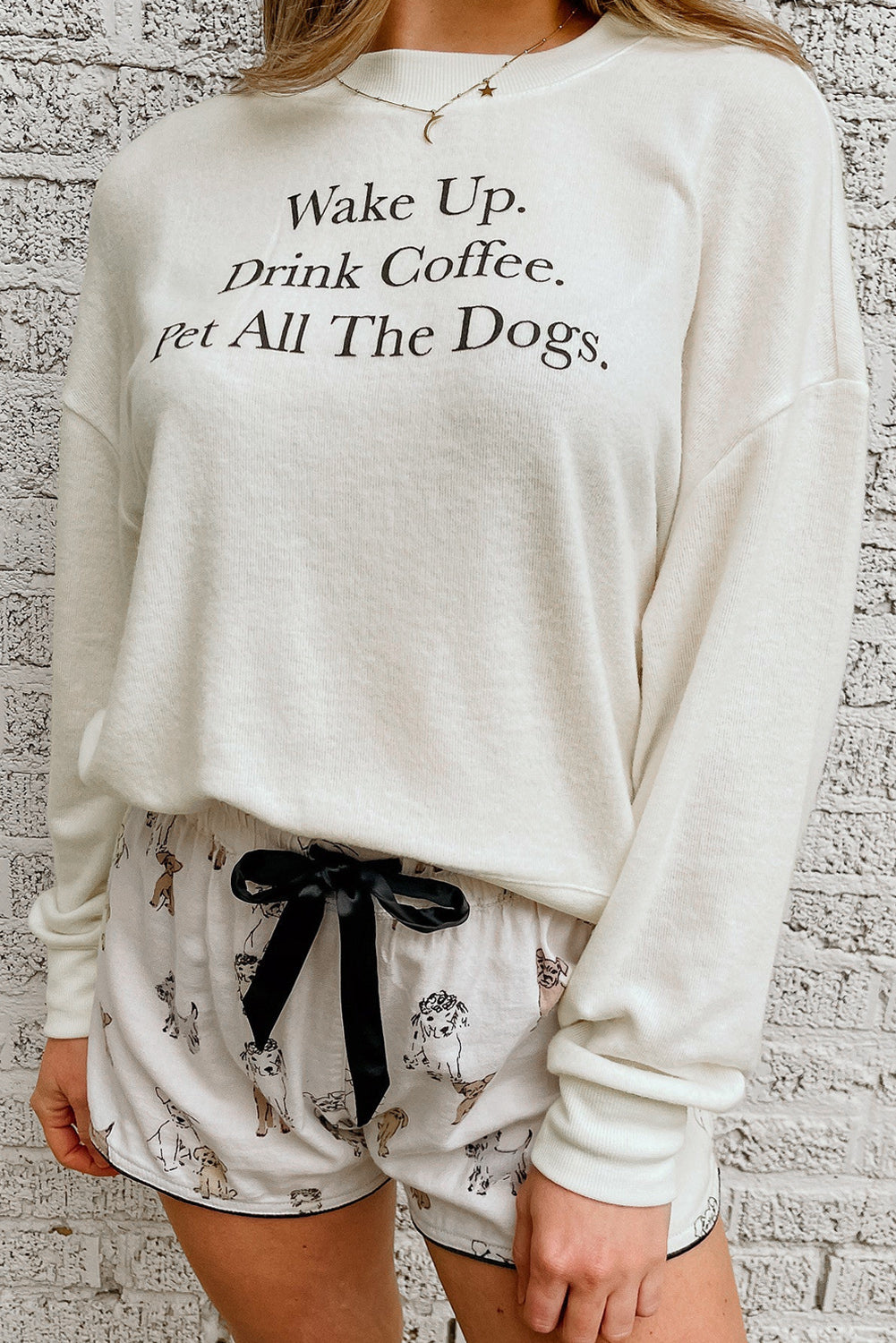 White Long Sleeve Letters Pullover and DOGS Shorts Lounge Set