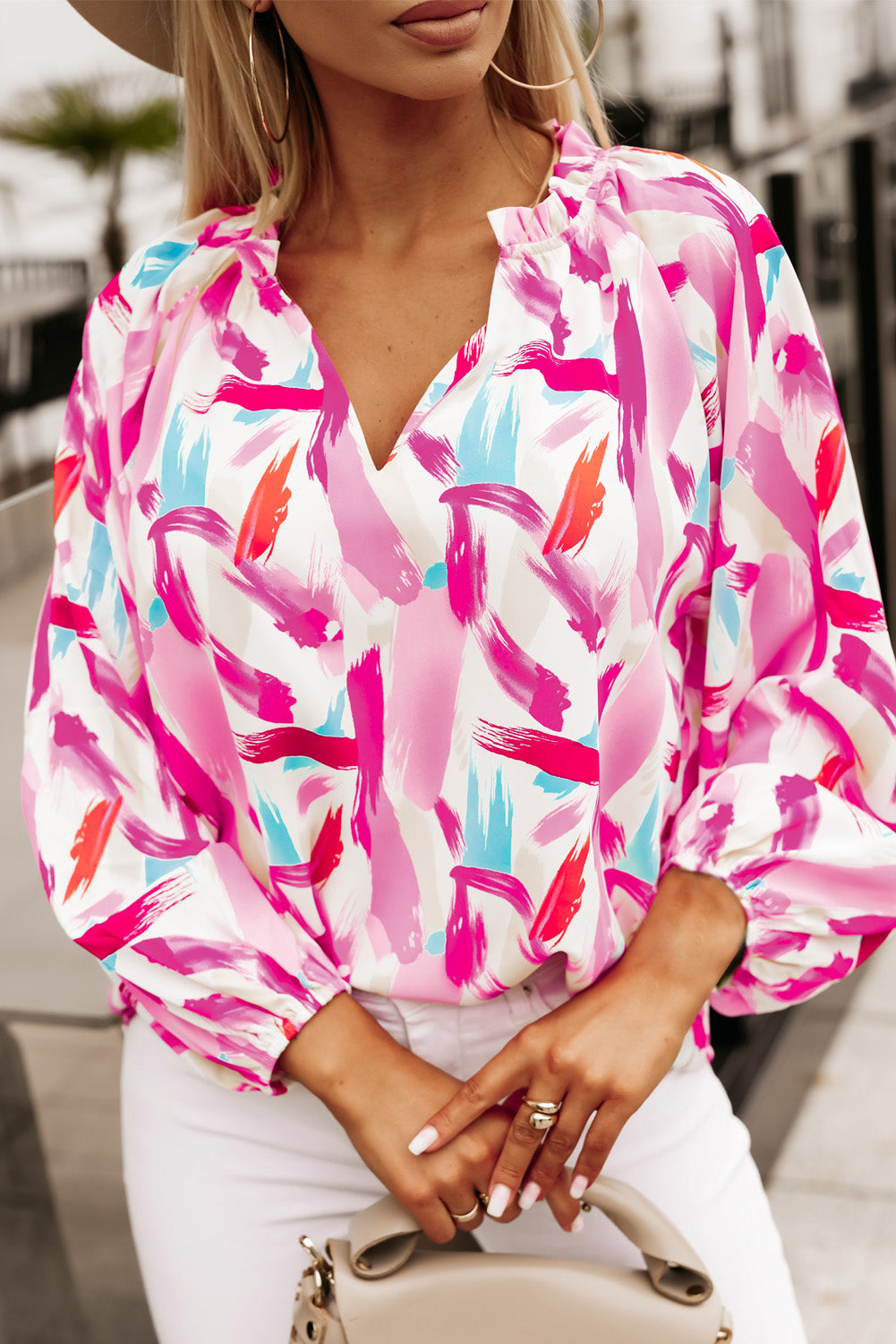 Printed V-Neck Balloon Sleeve Blouse