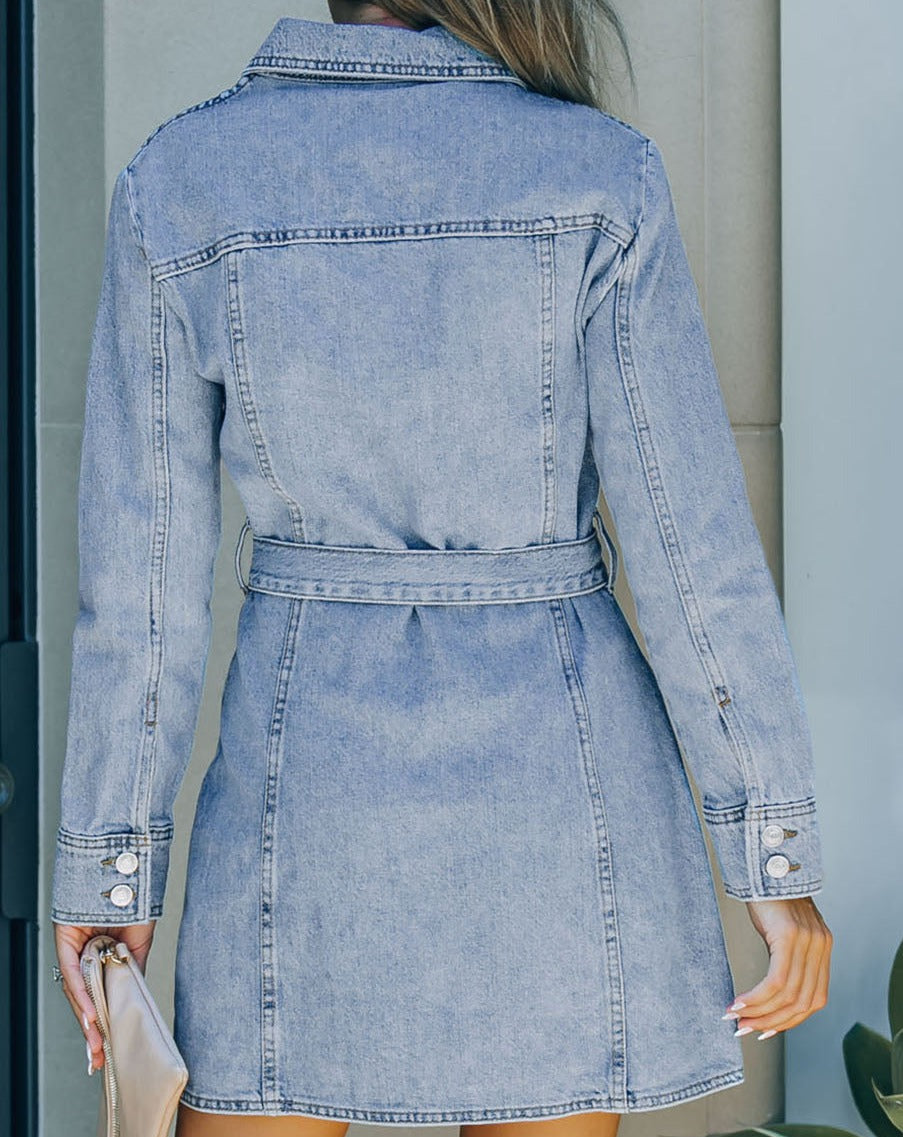 Button Down Collared Neck Belted Denim Dress