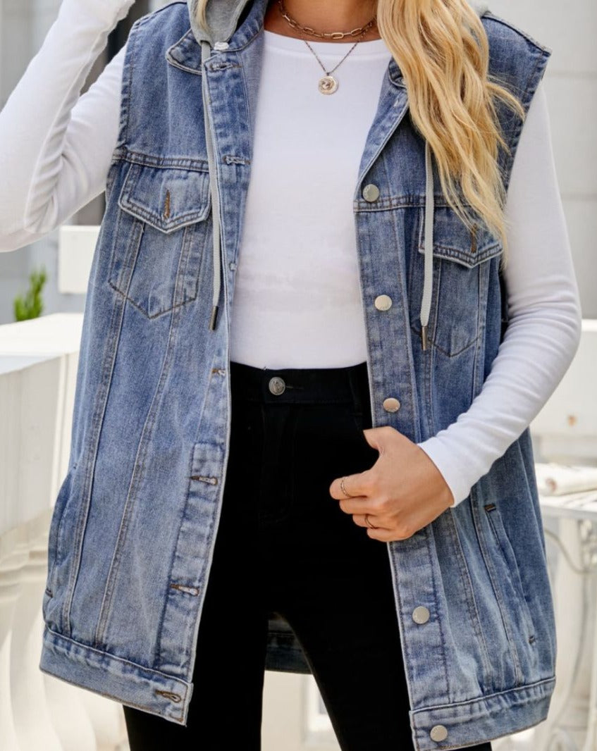 Drawstring Hooded Sleeveless Denim Top with Pockets