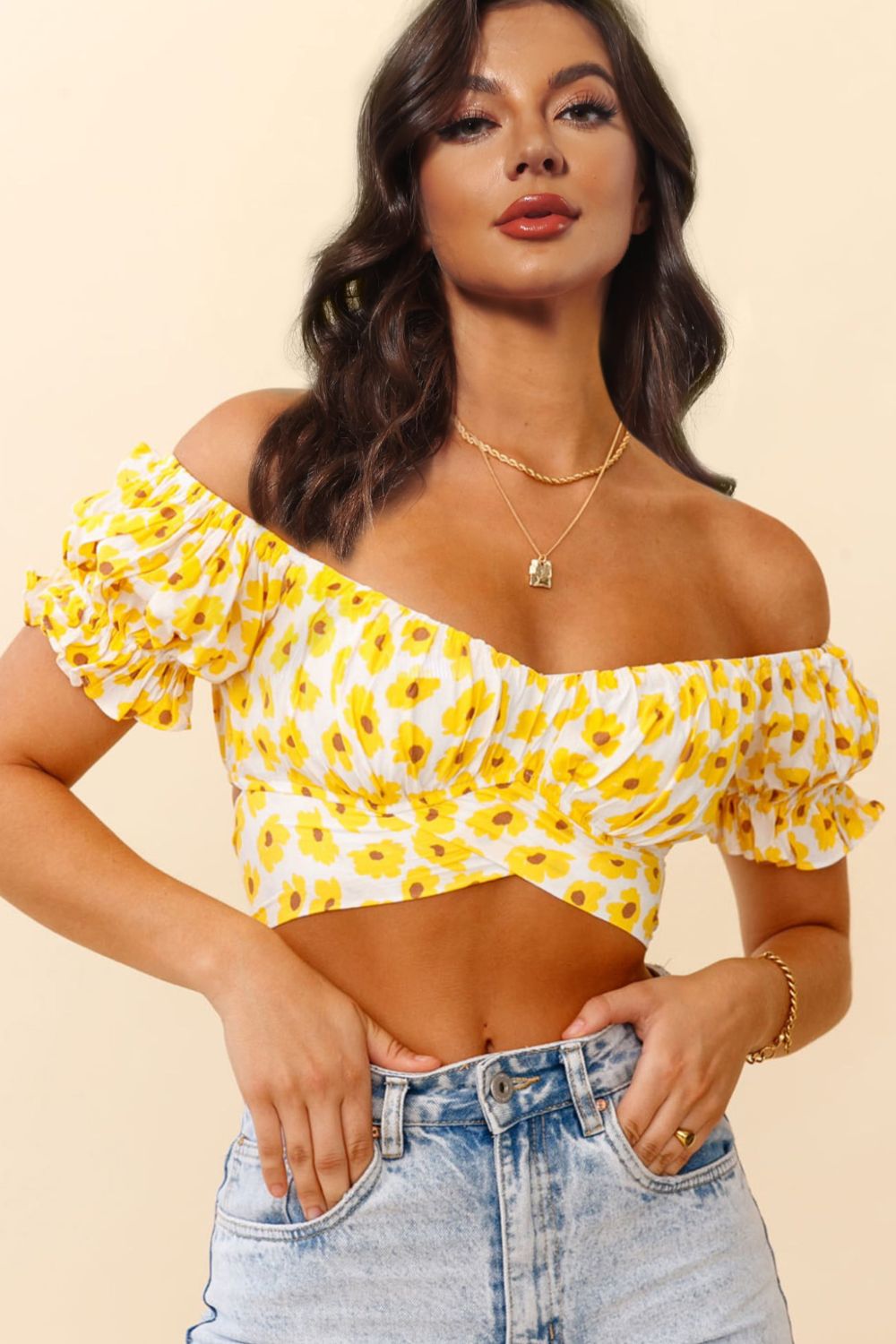 Flower Print Ruffle Trim Off-Shoulder Back Tie Blouse