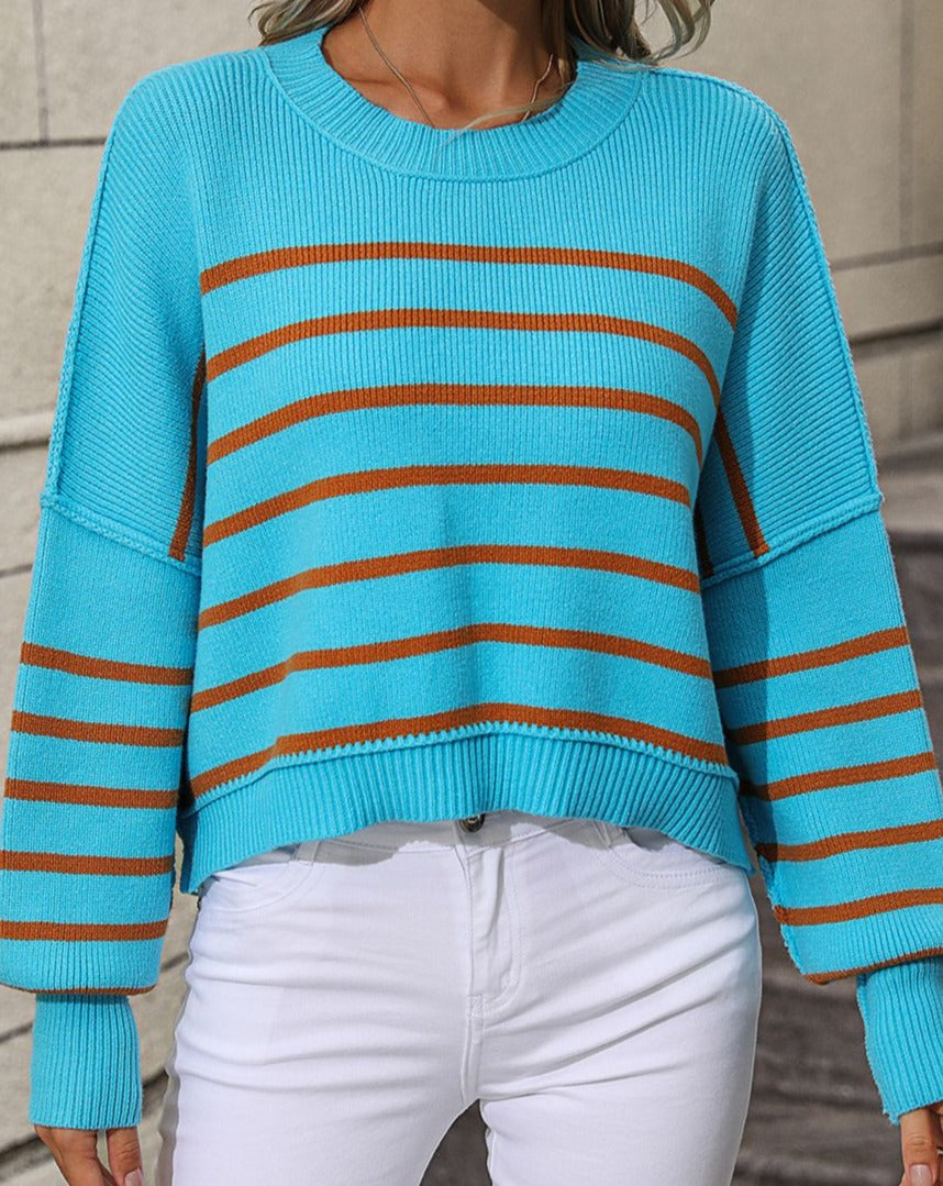 Striped Dropped Shoulder Round Neck Pullover Sweater