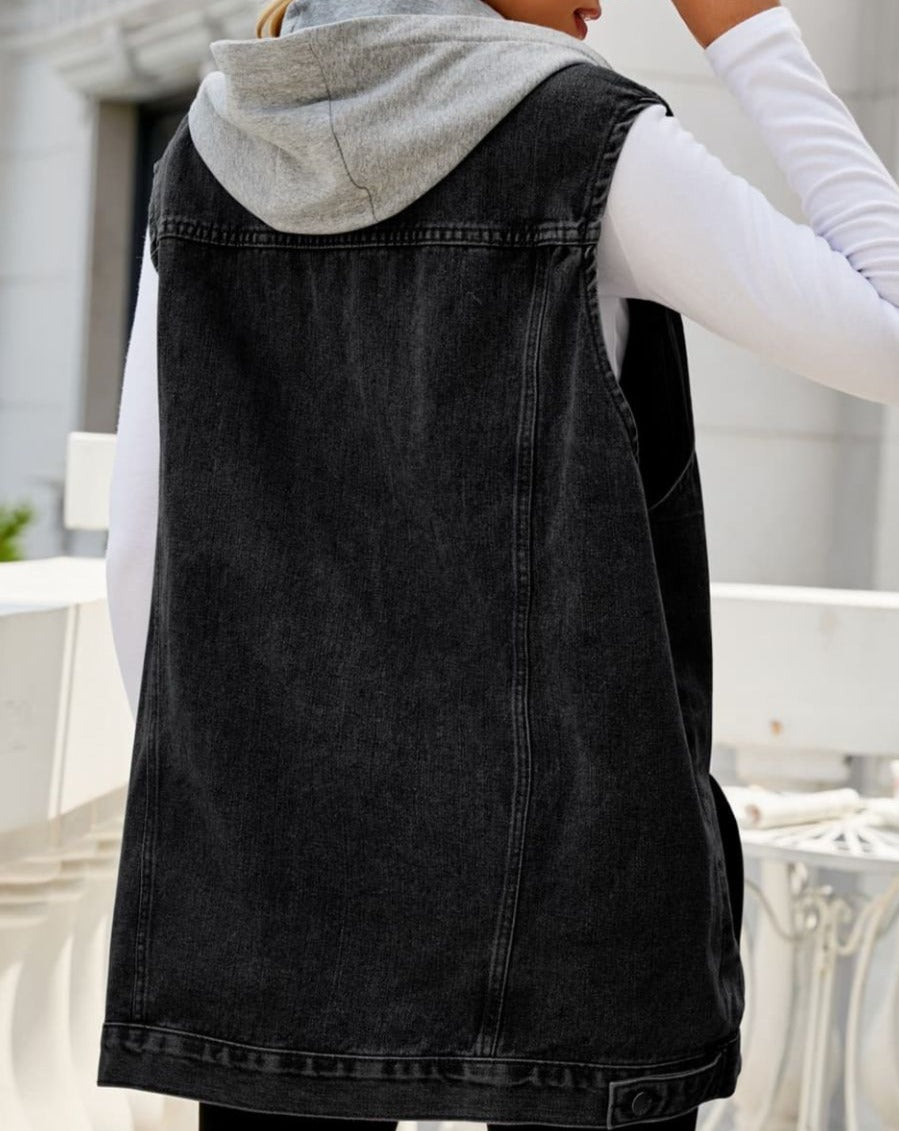 Drawstring Hooded Sleeveless Denim Top with Pockets