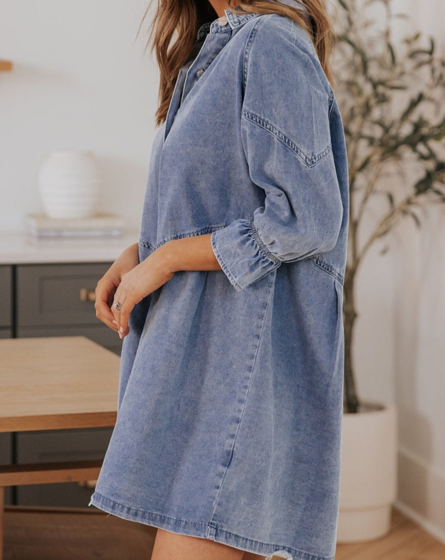 Collared Neck Flounce Sleeve Denim Mini Dress