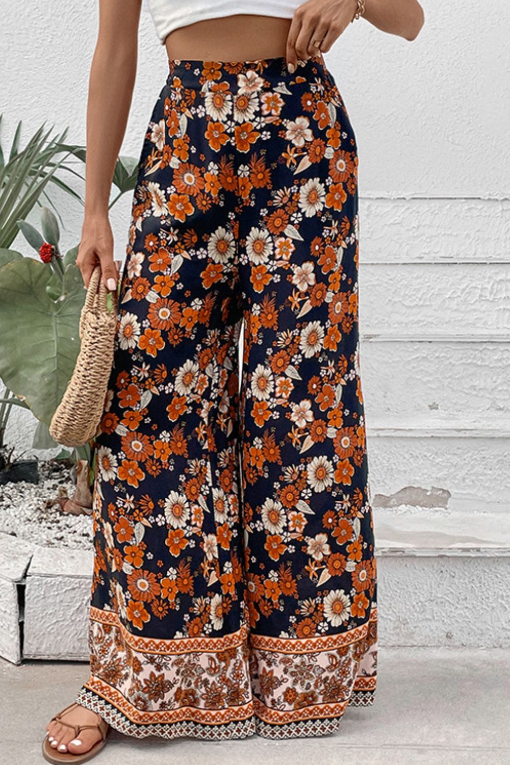 Floral Wide Leg Pants with Pockets