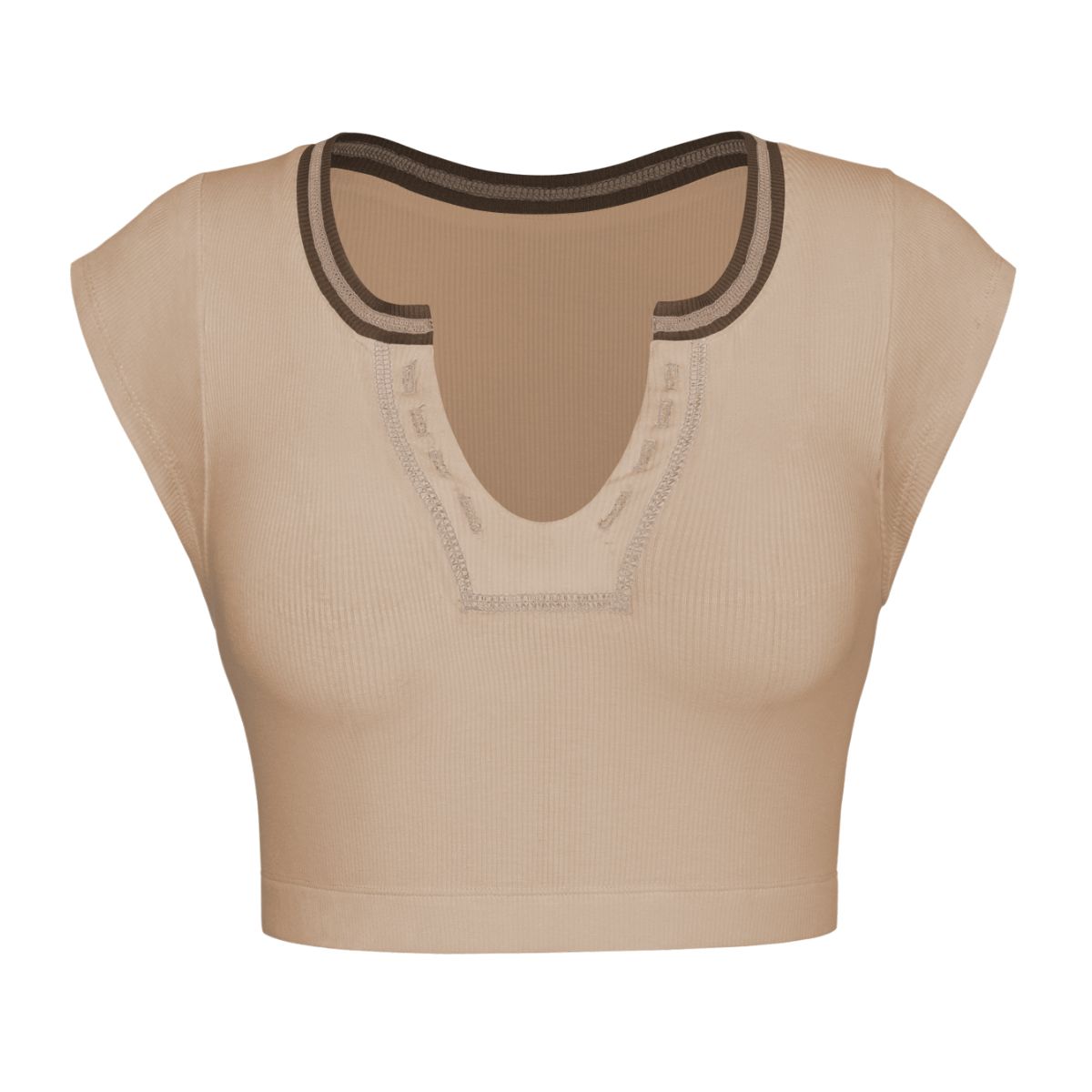 Notched Neck Cap Sleeve Cropped Tee