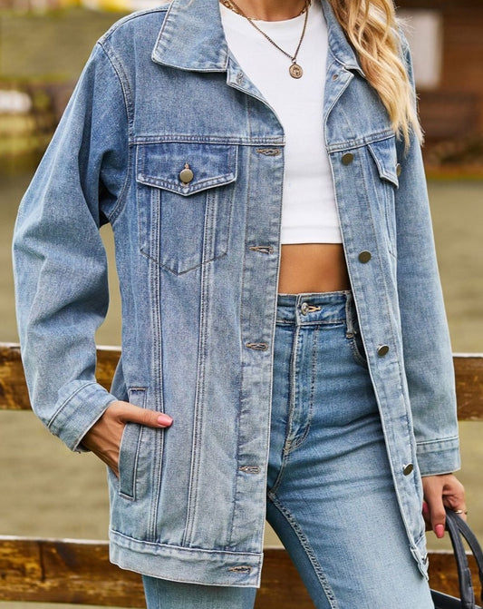 Buttoned Collared Neck Denim Jacket with Pockets