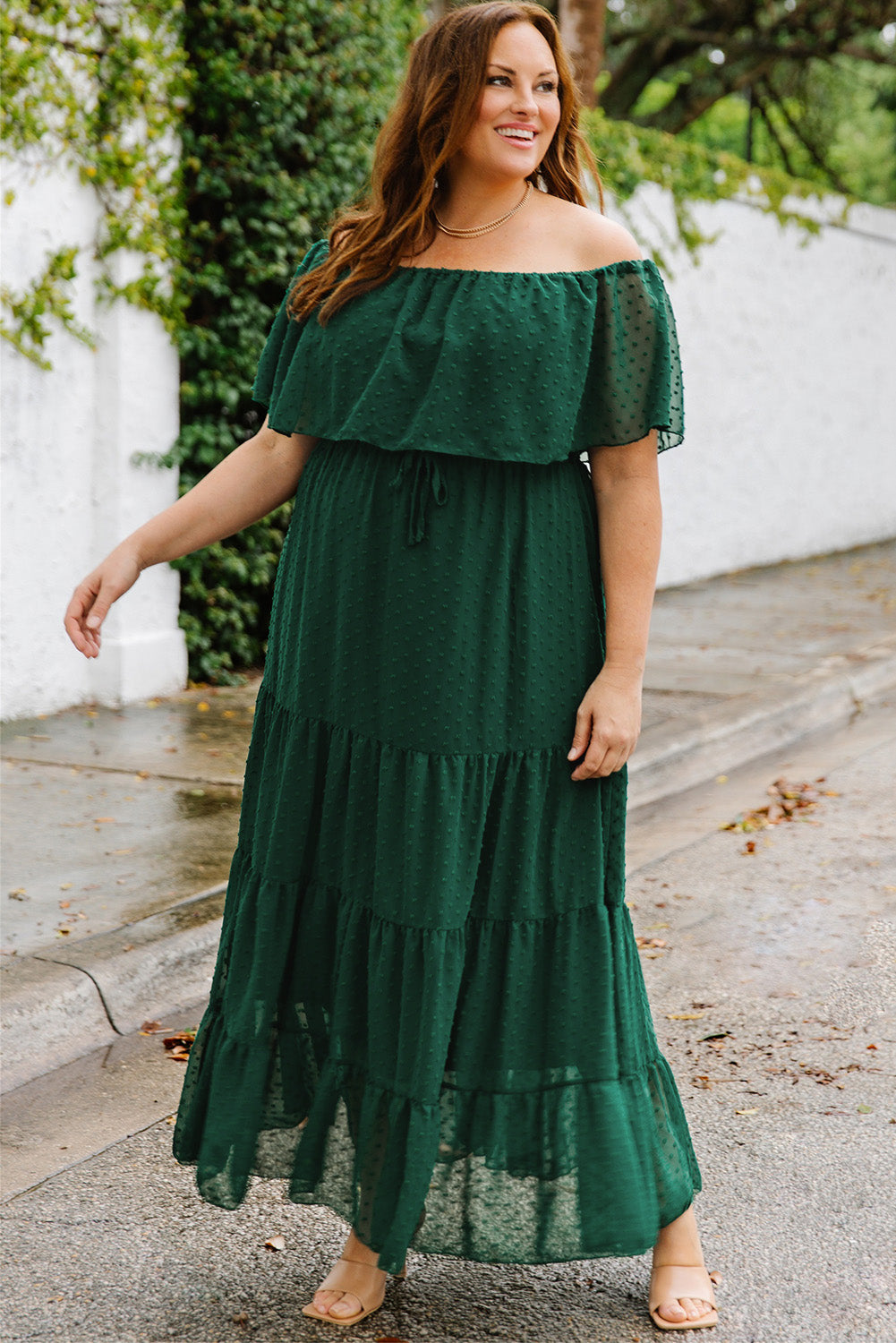 Plus Size Swiss Dot Off-Shoulder Tiered Dress