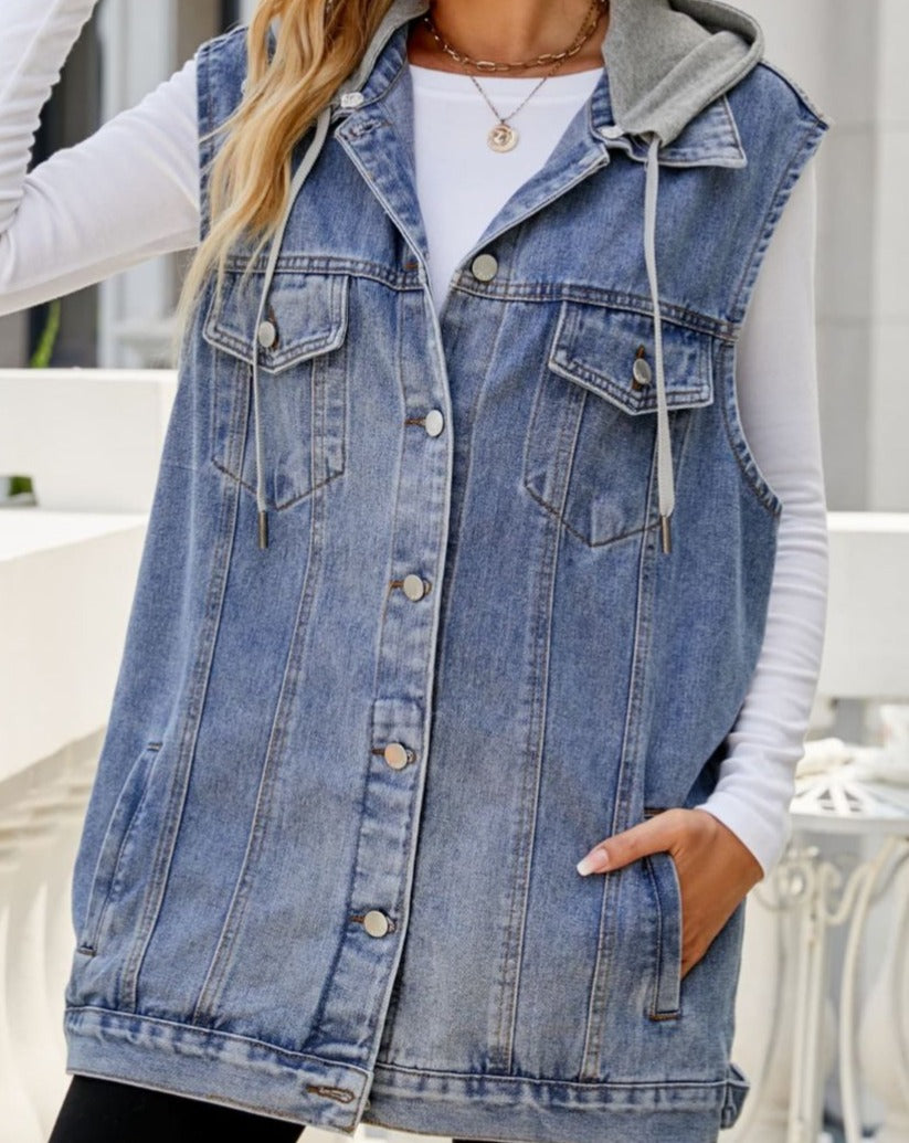 Drawstring Hooded Sleeveless Denim Top with Pockets