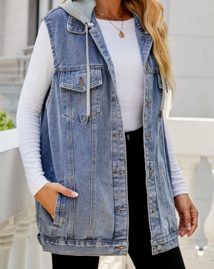 Drawstring Hooded Sleeveless Denim Top with Pockets