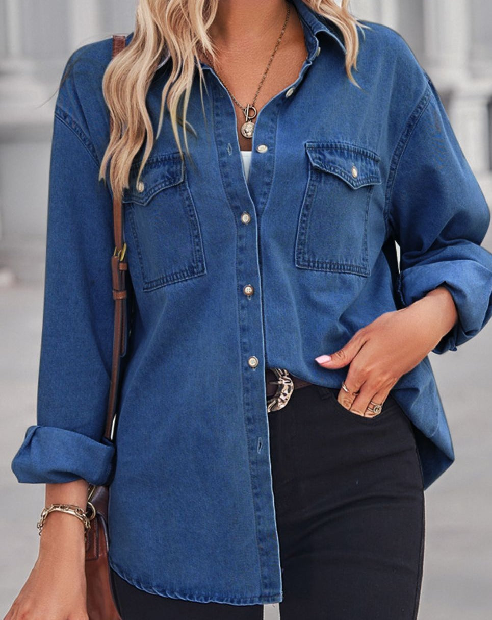 Collared Neck Dropped Shoulder Denim Top