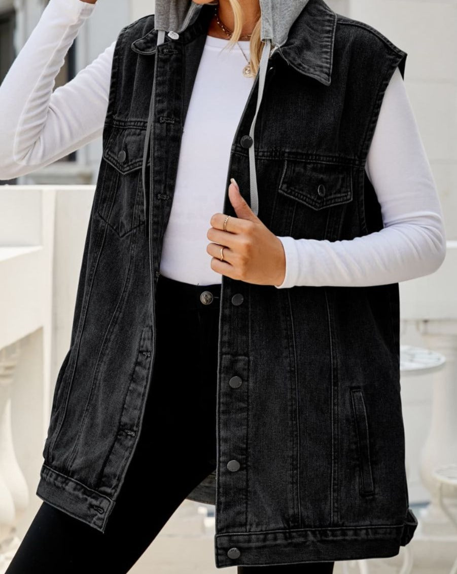 Drawstring Hooded Sleeveless Denim Top with Pockets