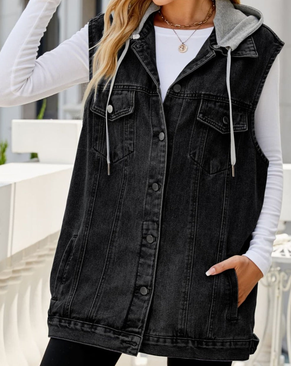 Drawstring Hooded Sleeveless Denim Top with Pockets