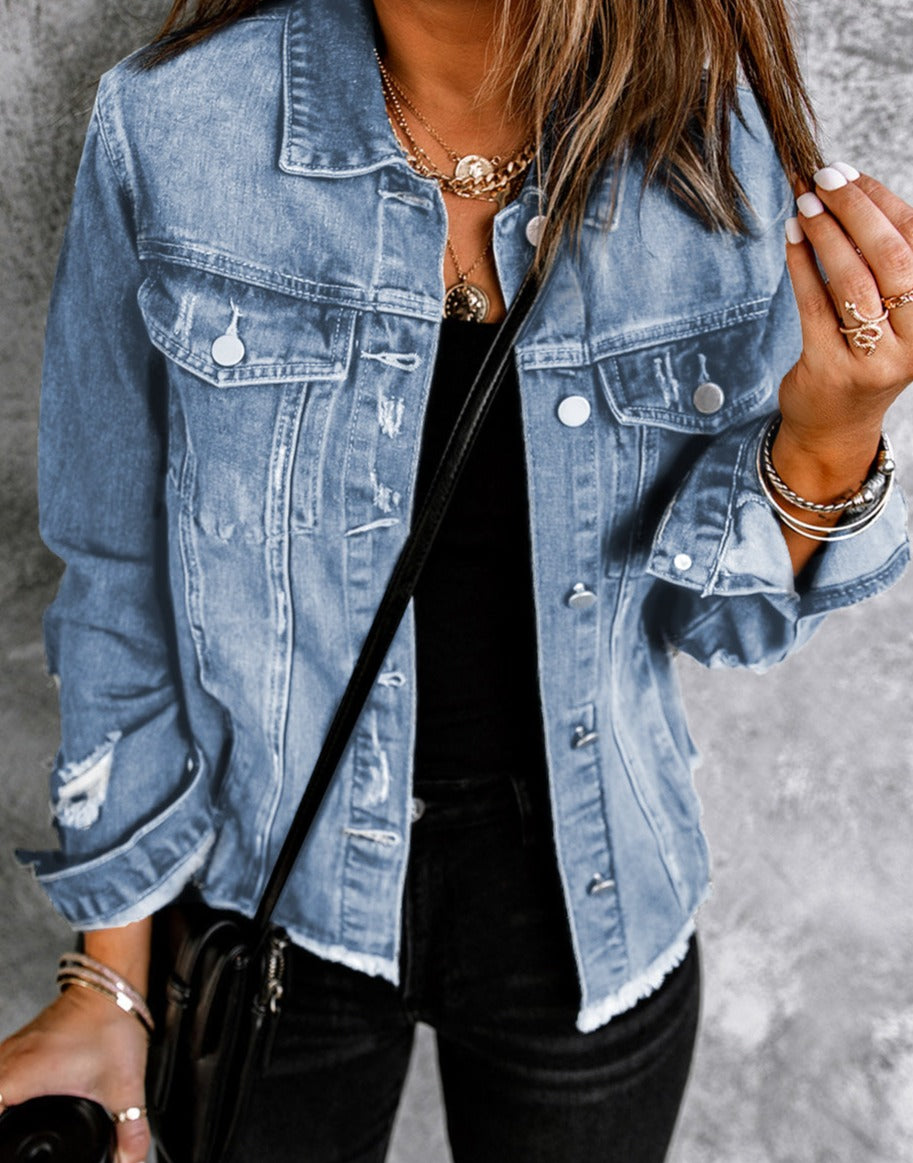 Distressed Raw Hem Denim Jacket