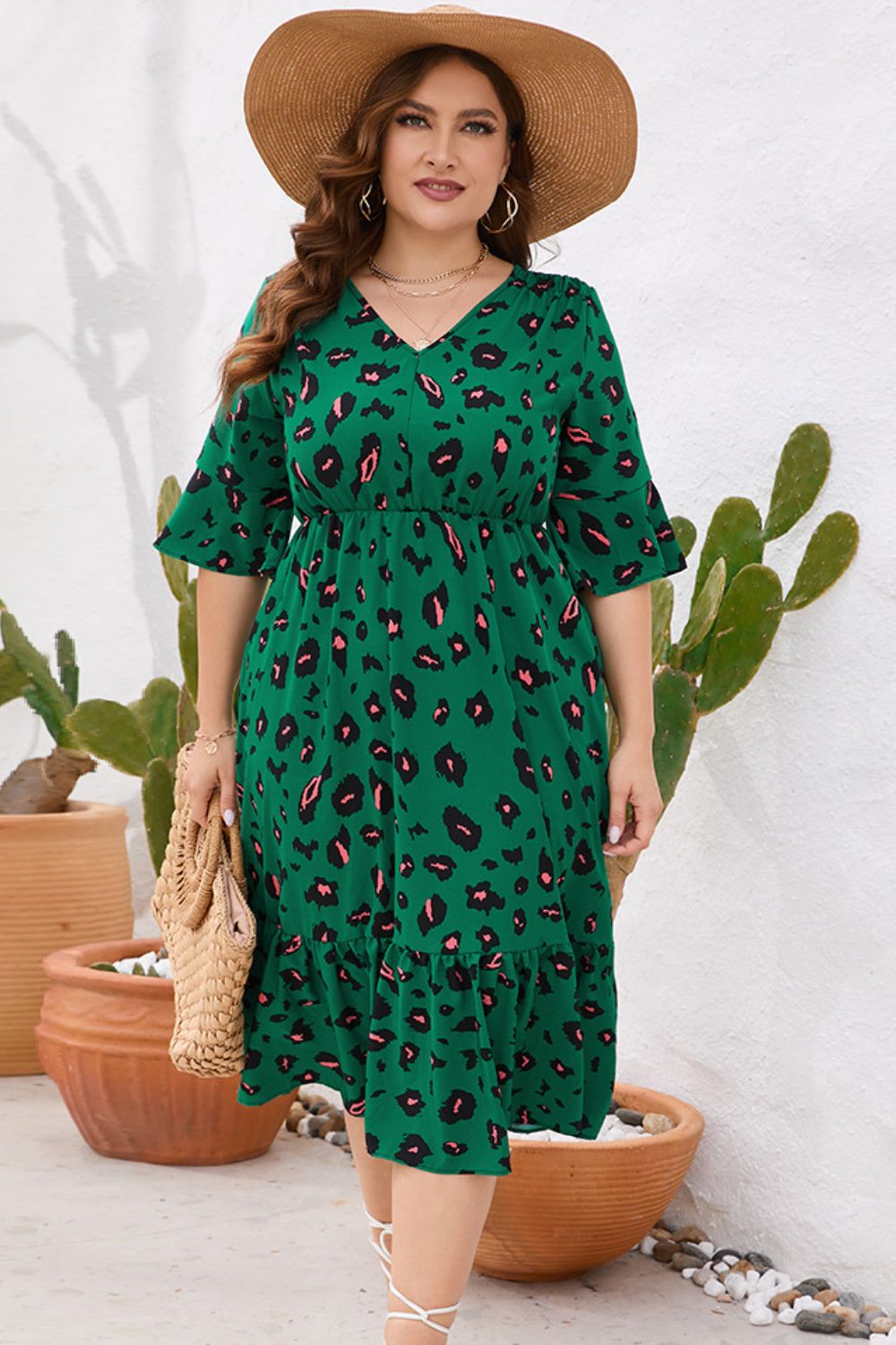 Plus Size Printed Flare Sleeve V-Neck Dress