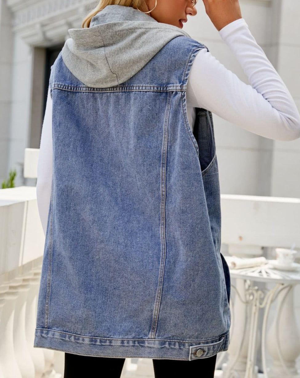 Drawstring Hooded Sleeveless Denim Top with Pockets