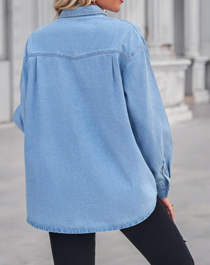 Collared Neck Dropped Shoulder Denim Top