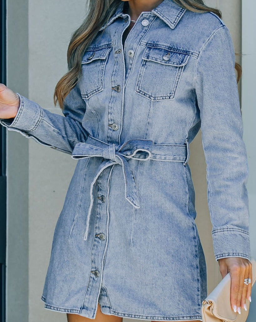 Button Down Collared Neck Belted Denim Dress