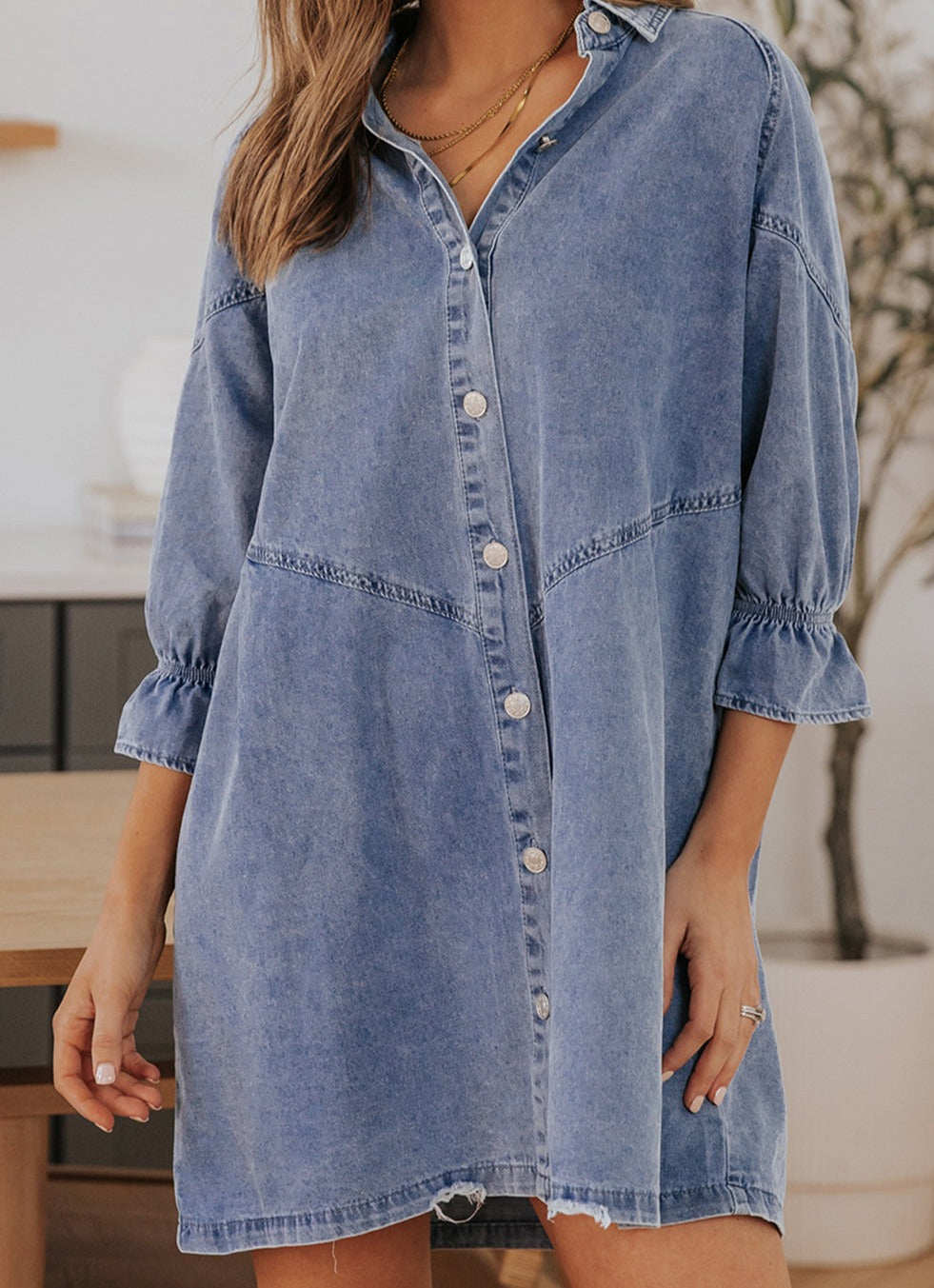 Collared Neck Flounce Sleeve Denim Mini Dress