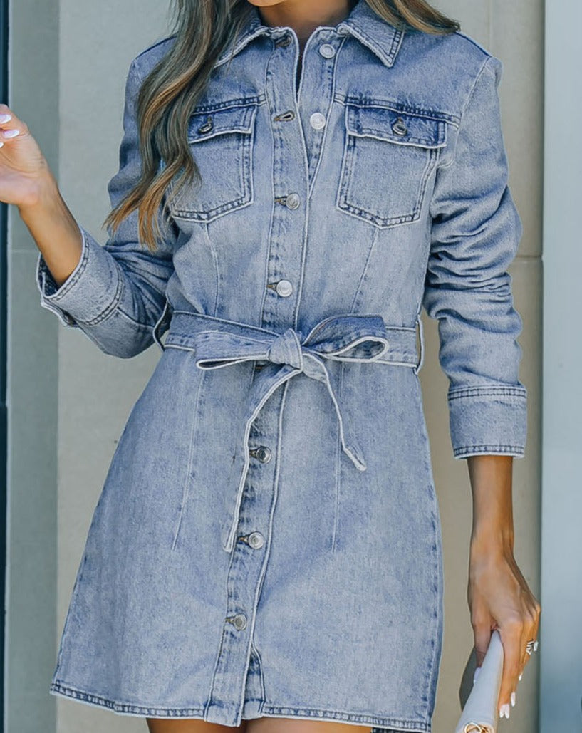 Button Down Collared Neck Belted Denim Dress