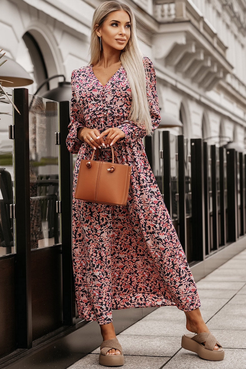 Printed V-Neck Long Sleeve Maxi Dress