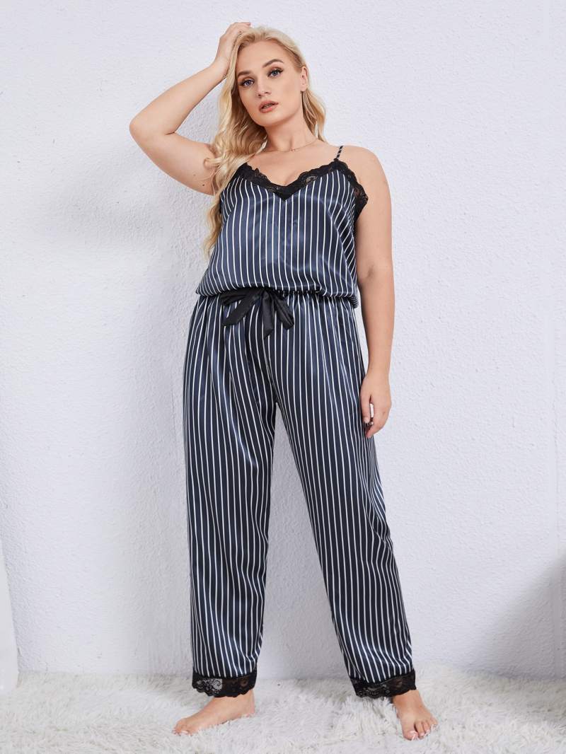 Plus Size Vertical Stripe Lace Trim Cami and Pants Pajama Set