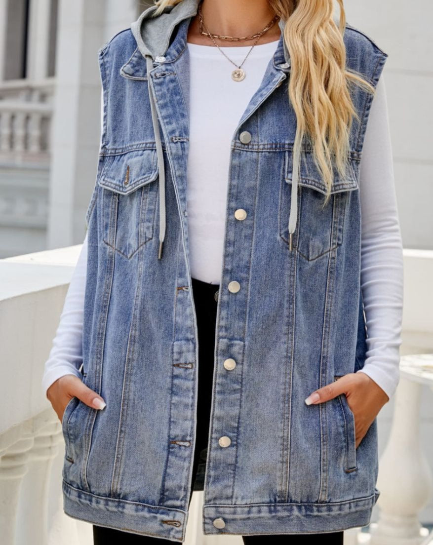 Drawstring Hooded Sleeveless Denim Top with Pockets