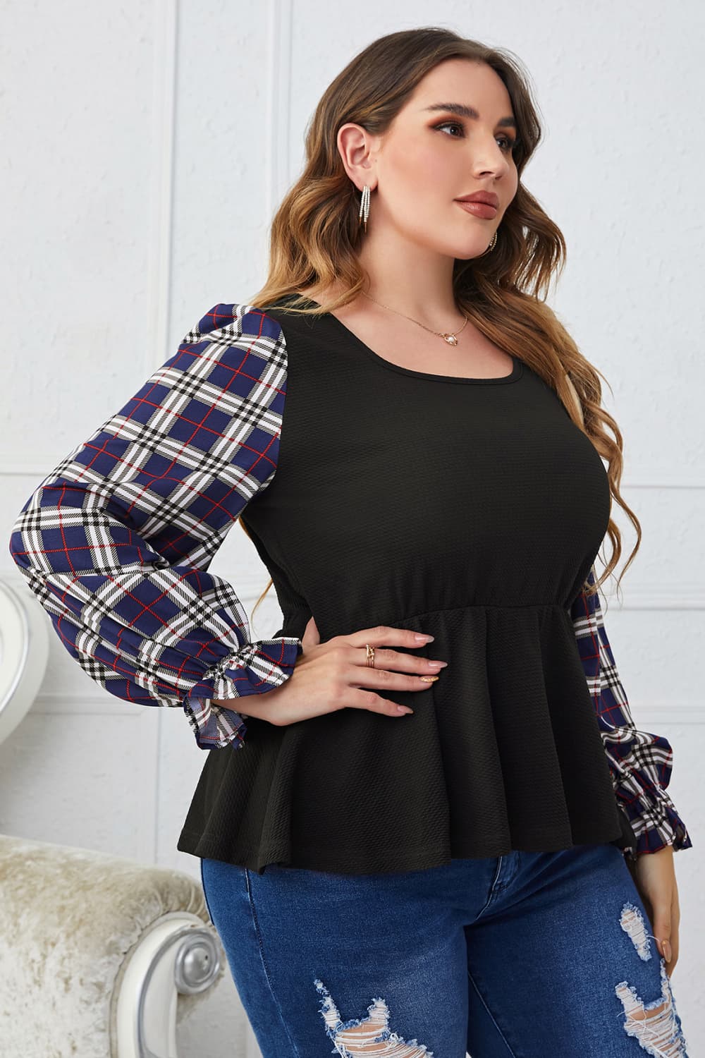 Melo Apparel Plus Size Plaid Print Square Neck Ruched Blouse