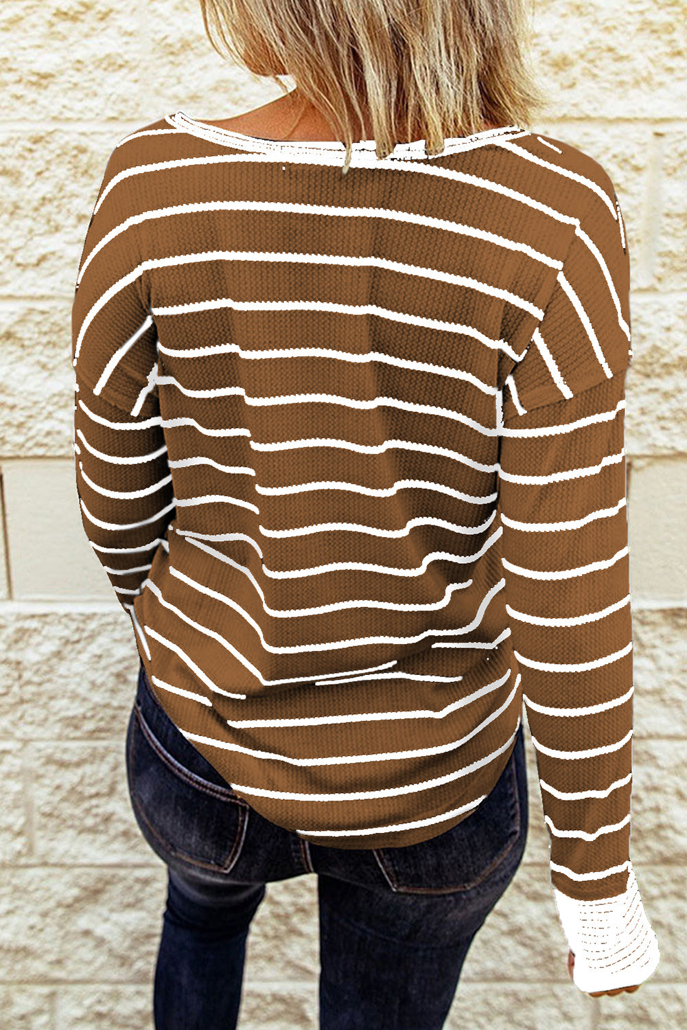 Striped Waffle Knit Henley Long Sleeve Top