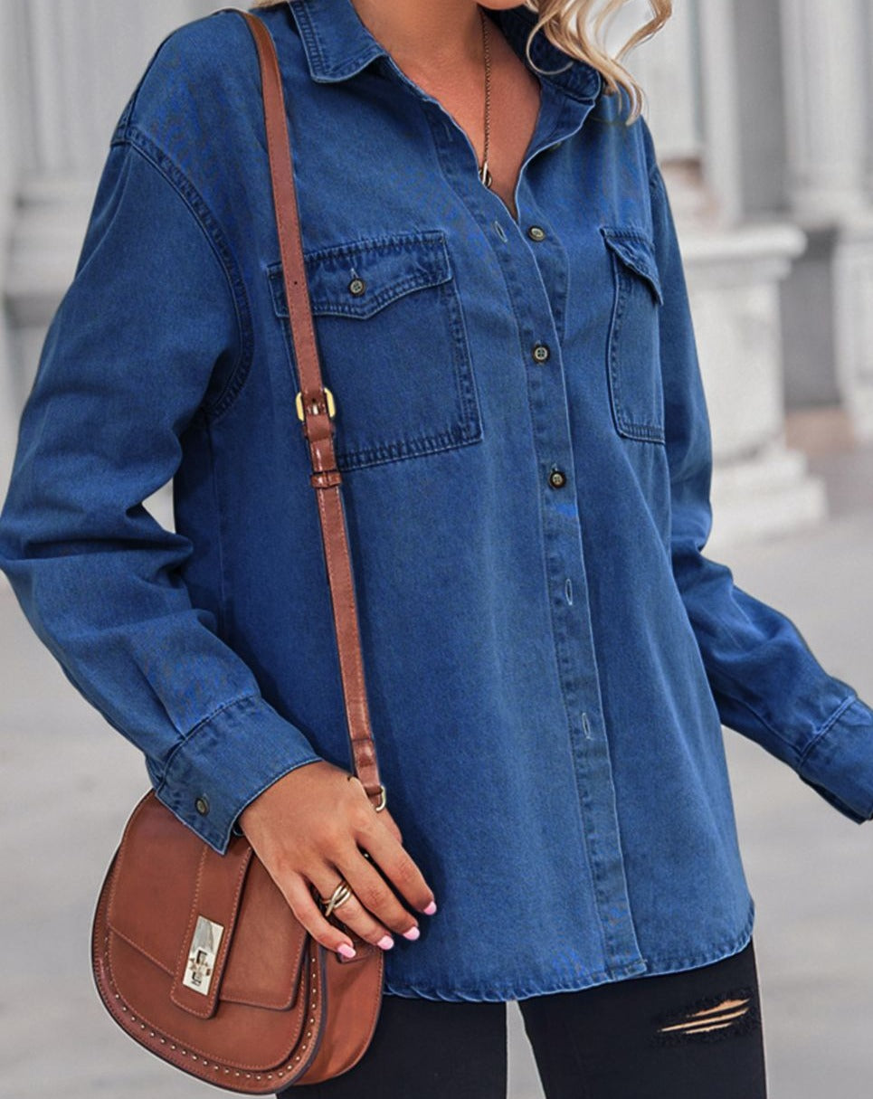 Collared Neck Dropped Shoulder Denim Top