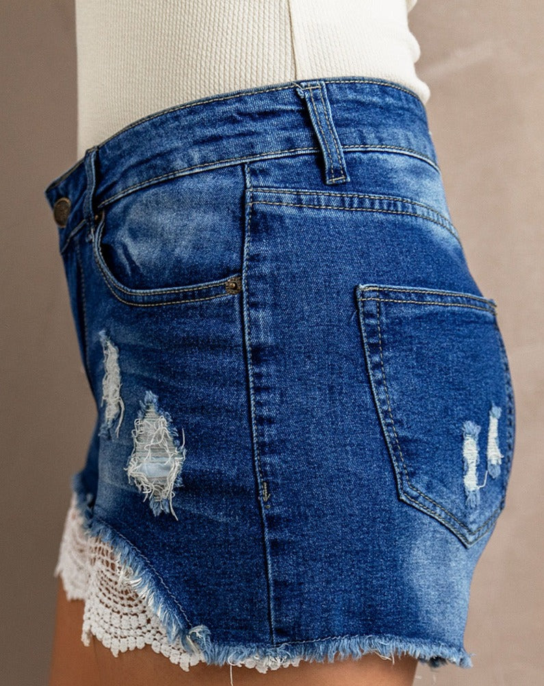 Spliced Lace Distressed Denim Shorts