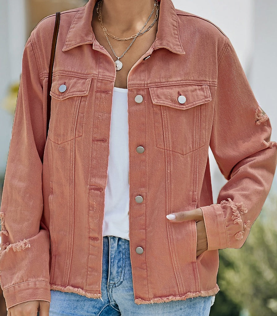 Distressed Raw Hem Denim Jacket